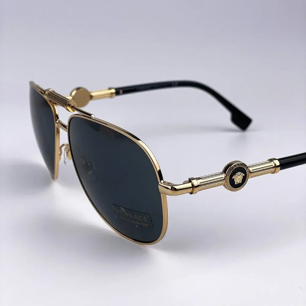 NEW Versace VE2236 100287 Gold Dark Gray Pilot Metal Unisex Sunglasses